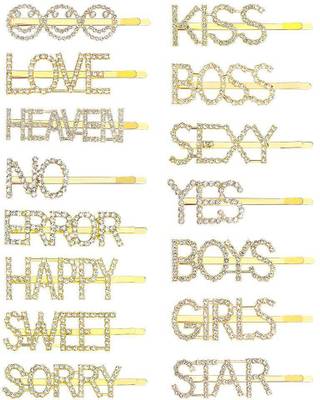 HOMEMATES Word Hair Clips for Women Crystal Letter Hair Pins for Girls Women Golden Color Crystal Trendy and Stylish Hair Pin Hair Clip Fancy Jewellery Hair pin Hair Accessories Pack of 15 Hair Clip  (Gold)