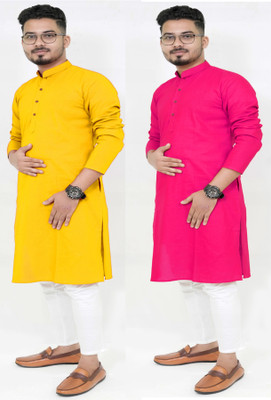 Rainbow Cloths Men Solid Ethnic Dress Kurta(Pink, Yellow)
