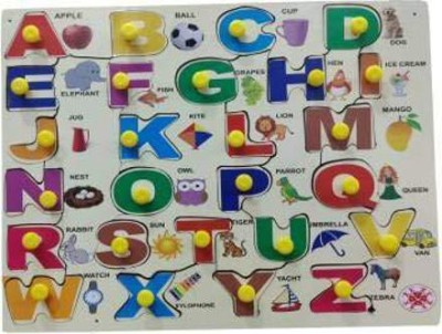 Urban Infotech Wooden Alphabets Puzzle Board Tray Toy ABCD with Pictures to Learn and Play Tray with Knobs Learning Wooden Board Hindi Letters Colorful Puzzle Gift for Nursery and KG Kids- Age 2+ Years(Multicolor)