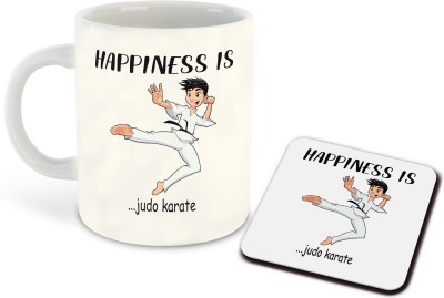 whats your kick Happiness is Judo Karate Printed White Inner Colour Ceramic Coffee With Coaster | Drink | Milk Cup - Best Gift | Happiness, (Multi 12) Ceramic Coffee Mug(325 ml, Pack of 2)