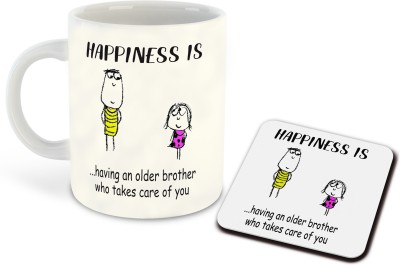 whats your kick Happiness is Having a Older Brother Who Takes Care of You Printed White Inner Colour Ceramic Coffee With Coaster | Drink | Milk Cup - Best Gift | Happiness, (Multi 3) Ceramic Coffee Mug(325 ml, Pack of 2)