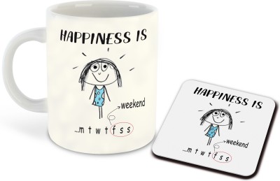 whats your kick Happiness is Weekend Printed White Inner Colour Ceramic Coffee With Coaster | Drink | Milk Cup - Best Gift | Happiness, (Multi 4) Ceramic Coffee Mug(325 ml, Pack of 2)