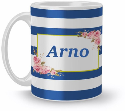 Beautum Name Arno Blue Stripes Pattern Printed White Ceramic (350)ml Model No:NVS2059 Ceramic Coffee Mug(350 ml)