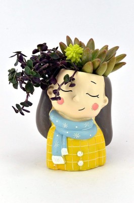 ARTSENSE Dreaming Girl Design Winter Wear Design Resin Pots Unique & Trendy Design Return Gifts Succulent Pots polyresin Pot Home Decor Imported Without Plant Plant Container Set(Clay)