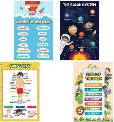 kids educational posters - kids educational chart - Charts for Kids Learning - Preschool Kids posters - poster for kids learning - wall chart for kids learning - Set of 4 - Months, Days, week, Body parts, Solar system posters (18 X 12 inches) Paper Print(18 inch X 12 inch)