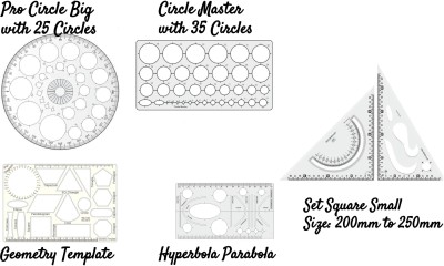 Upyukat Plastic Pro Circle BIG with 25 Circles, Hyperbola- Parabola Template, Geometry Template with 16 shapes, Circle Master with 35 circles and Set Square small, size 200mm x250mm Drafting Scale Ruler Very Useful to Architect, Engineering Students, Office Employee (Set of 5) Ruler(Set of 5, Clear)