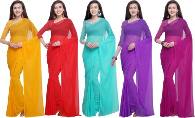 kashvi sarees Solid/Plain Bollywood Georgette Saree(Pack of 5, Purple, Light Blue, Red, Pink, Yellow)