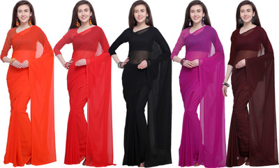 ANAND Solid/Plain Bollywood Georgette Saree(Pack of 5, Red, Brown, Black, Pink, Orange)