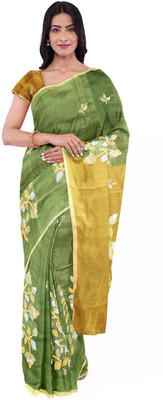 ASHMITAS COLLECTION Embroidered Handloom Cotton Blend Saree(Green)