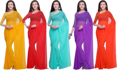 kashvi sarees Solid/Plain Bollywood Georgette Saree(Pack of 5, Purple, Light Blue, Red, Orange, Yellow)