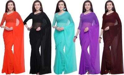 Anand Solid/Plain Bollywood Georgette Saree(Pack of 5, Purple, Light Blue, Brown, Black)