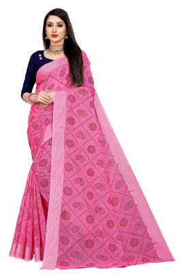 sareya veela Printed Bandhani Cotton Linen Saree(Pink)