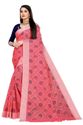 SARETRA MALL Printed Bandhani Cotton Linen Saree(Red)
