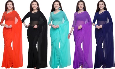 ANAND Solid/Plain Bollywood Georgette Saree(Pack of 5, Purple, Dark Blue, Light Blue, Black)