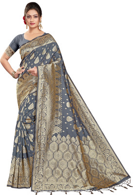 panchaamrit Woven Banarasi Silk Blend Saree(Grey)