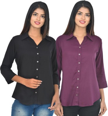 FABISHO Women Solid Casual Purple, Black Shirt(Pack of 2)