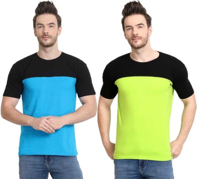 Diwazzo Colorblock Men Round Neck Light Blue, Light Green T-Shirt