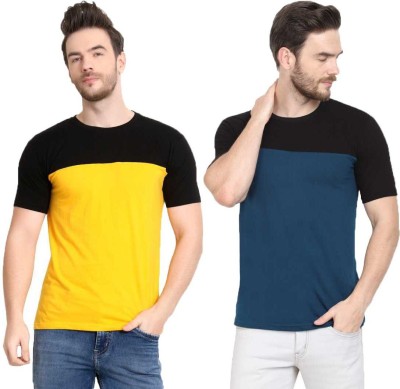 Diwazzo Colorblock Men Round Neck Dark Blue, Yellow T-Shirt