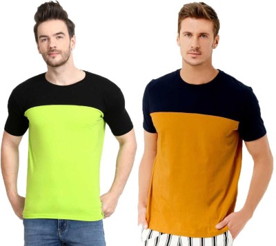 Diwazzo Colorblock Men Round Neck Light Green, Yellow T-Shirt