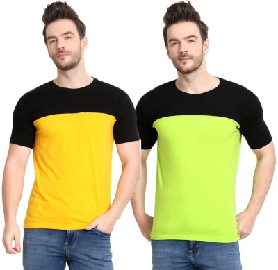 Diwazzo Colorblock Men Round Neck Light Green, Yellow T-Shirt