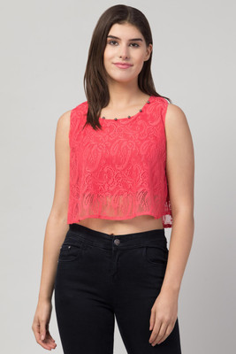 ADDICTED ATTIRE Casual Sleeveless Self Design Women Orange Top