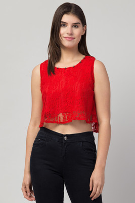 ADDICTED ATTIRE Casual Sleeveless Solid Women Red Top