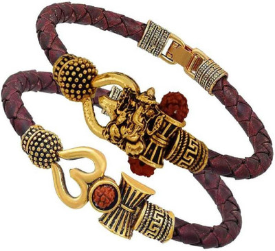 Pratima Brass, Leather Gold-plated Kada(Pack of 2)