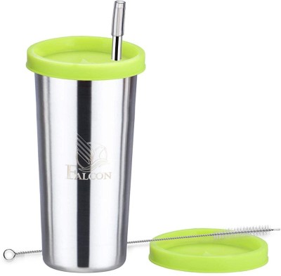 Marwall Lassi Glass With Straw & Extra Travel Lid & Cleaning Brush-Green Lid Glass Water/Juice Glass(520 ml, Steel, Steel)