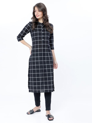Vishudh Women Checkered Straight Kurta(White, Black)