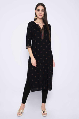 SKNIYA Women Printed Straight Kurta(Black)