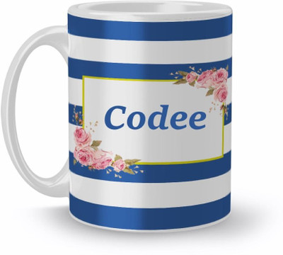 Beautum Name Codee Blue Stripes Pattern Printed White Ceramic (350)ml Model No:NVS3990 Ceramic Coffee Mug(350 ml)
