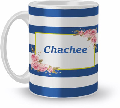 Beautum Name Chachee Blue Stripes Pattern Printed White Ceramic (350)ml Model No:NVS3552 Ceramic Coffee Mug(350 ml)