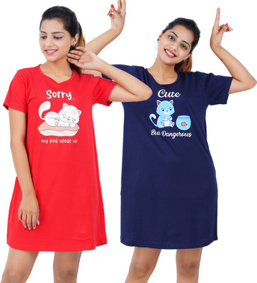 BEFLI Women Nightshirts(Red, Blue)