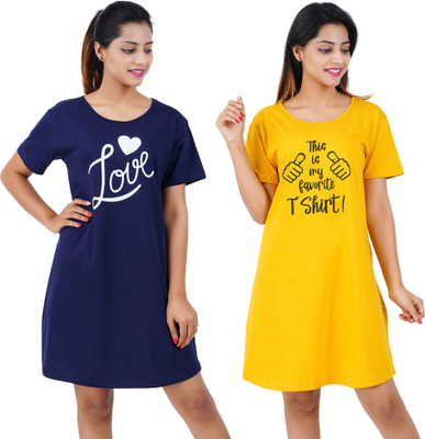 BEFLI Women Nightshirts(Blue, Yellow)