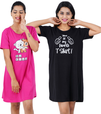 BEFLI Women Nightshirts(Pink, Black)