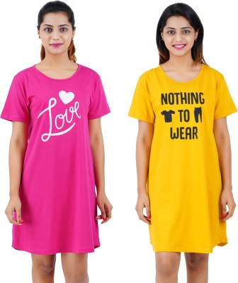 BEFLI Women Nightshirts(Pink, Yellow)