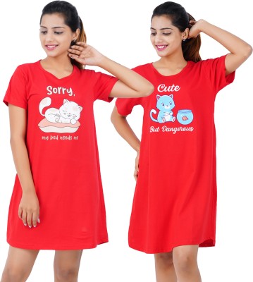 BEFLI Women Nightshirts(Red, Red)