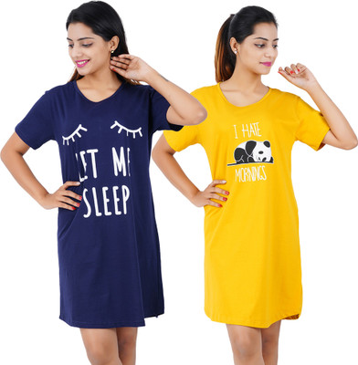 BEFLI Women Nightshirts(Blue, Yellow)