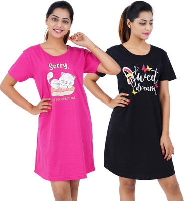 BEFLI Women Nightshirts(Pink, Black)