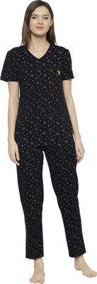 MACK JONNEY Women Printed Black Top & Pyjama Set
