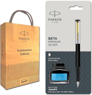 PARKER Beta Premium Silver Fountain Pen with Gold Trim and Blue Ink Bottle and Gift Bag Fountain Pen(Blue)