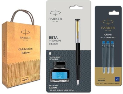 PARKER Beta Premium Silver Fountain Pen with Gold Trim and Blue Ink Bottle and Blue Cartridges Fountain Pen(Blue)