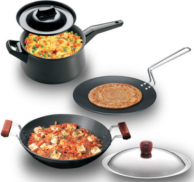 5% OFF on HAWKINS Futura Cookware Set (Roti Tawa, Kadhai , Handi Saucepan) NA Pan 26 cm diameter with Lid 1 L capacity(Hard Anodised)