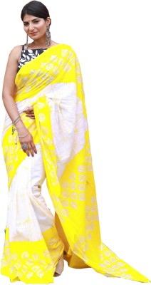 Kiaaron Blocked Printed Ikkat Pure Cotton Saree(Yellow)