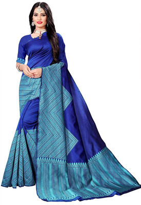 JD FASHION HUB Printed Banarasi Silk Blend Saree(Blue)