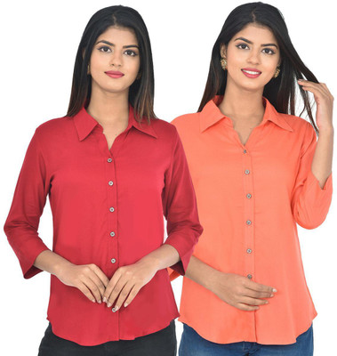 FABISHO Women Solid Casual Red, Orange Shirt(Pack of 2)