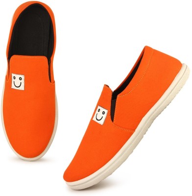 Kzaara Casual Canvas Sneakers Partywear Loafers Mocassin Lightweight Comfortable Trendy Branded shoes for Men with no Pasting Issues. Slip On Sneakers For Men(Orange , 10)