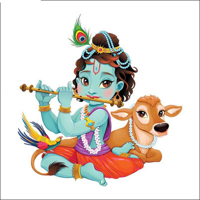 Printart 76.2 cm Lord Krishna Flute Singing with Cow' Wall Sticker - (PVC Vinyl, 60 cm x 60 cm, Multicolour) Non-Reusable Sticker(Pack of 1)