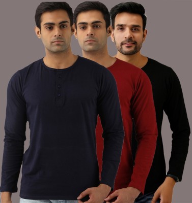 FERANOID Solid Men Henley Neck Maroon, Blue, Black T-Shirt