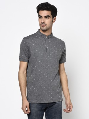 Octave Polka Print Men Mandarin Collar Grey T-Shirt